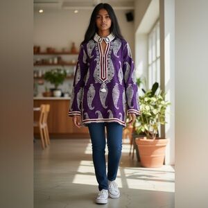 Tory Burch Boho Purple Paisley Print Cotton Mirror Bead Fringe Tunic Size 2